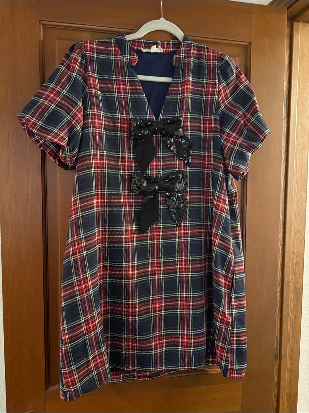 entro Navy and Red Plaid Short-Sleeve Tunic with Black Sequin Bows